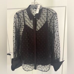 NWT black sheer J.Crew blouse with crepe under Cami cuffed sleeves